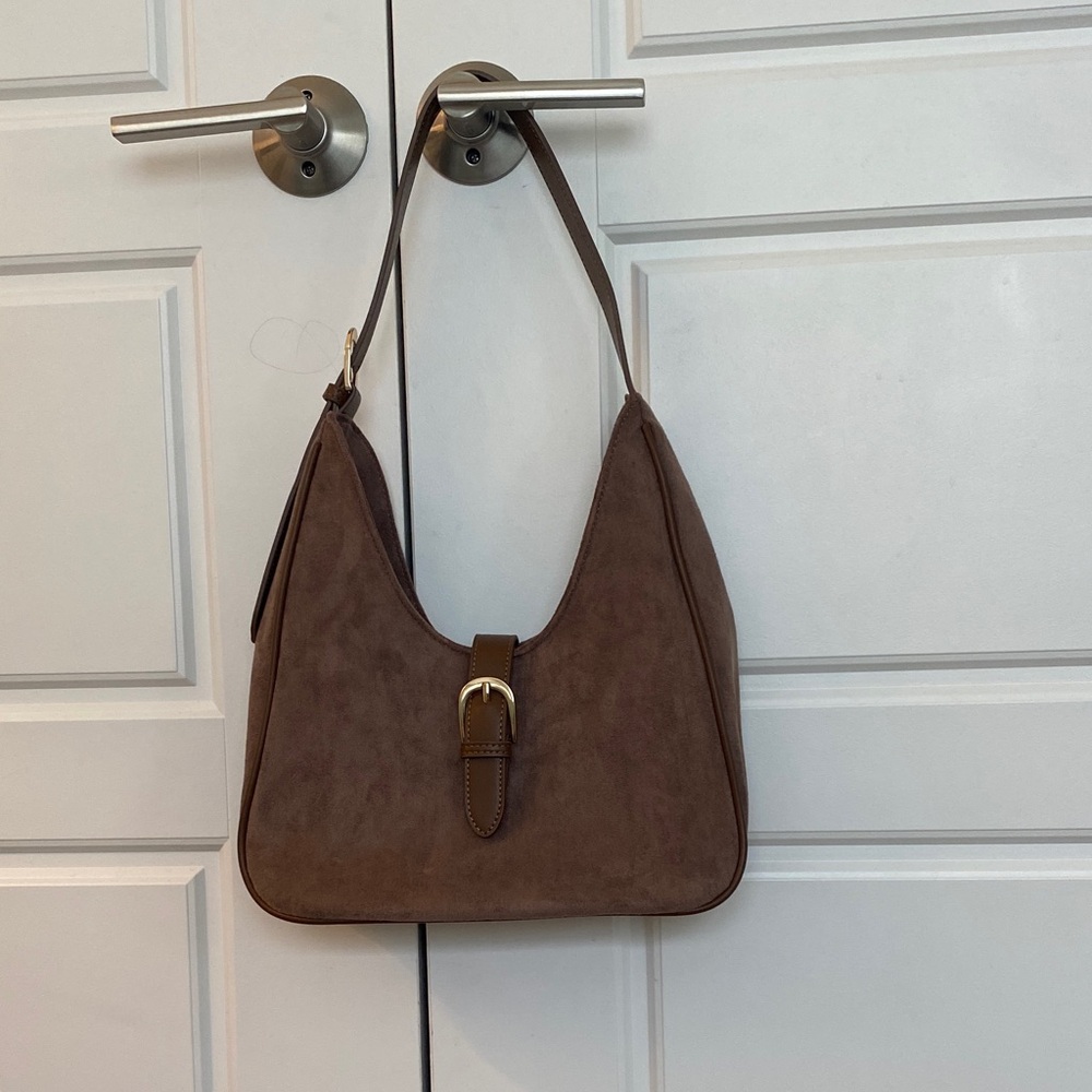 Classic Brown Suede Shoulder Bag with Buckle Accent